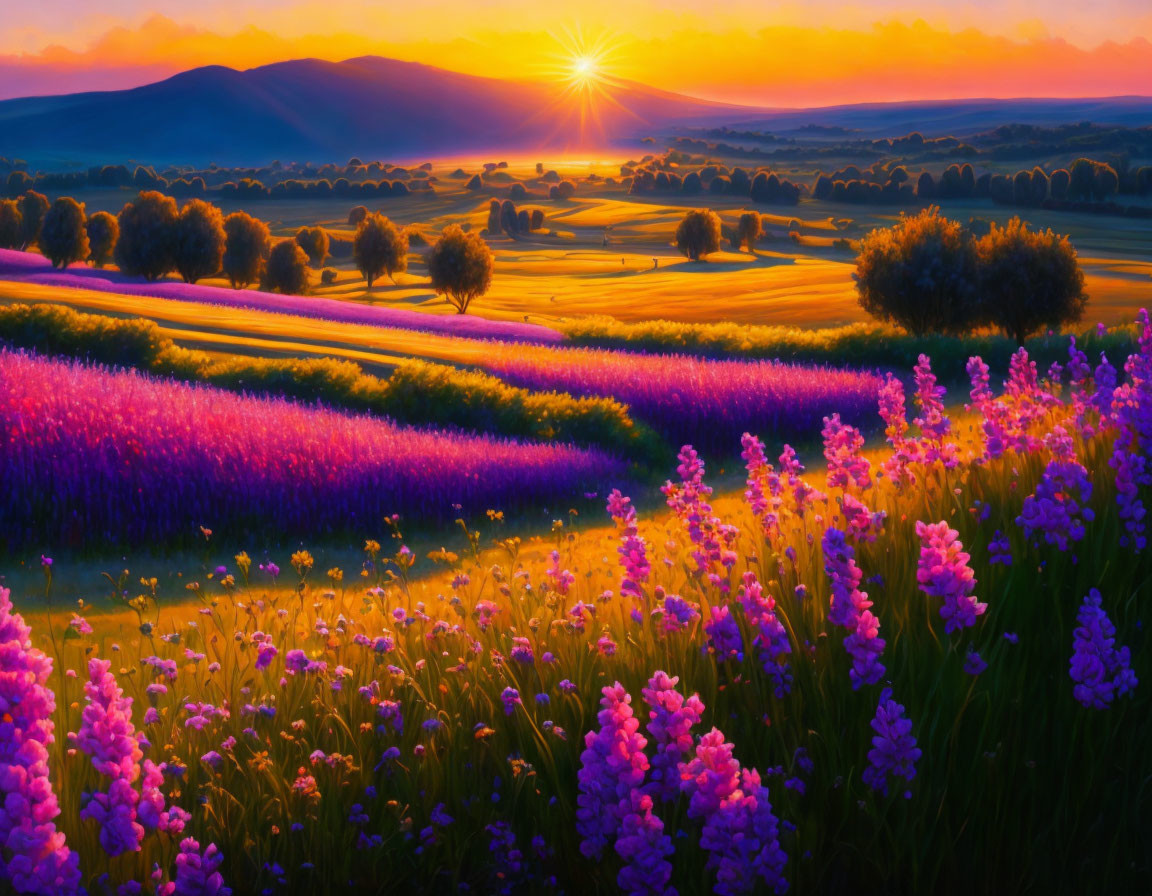 Colorful Sunset Over Flower Fields and Rolling Hills