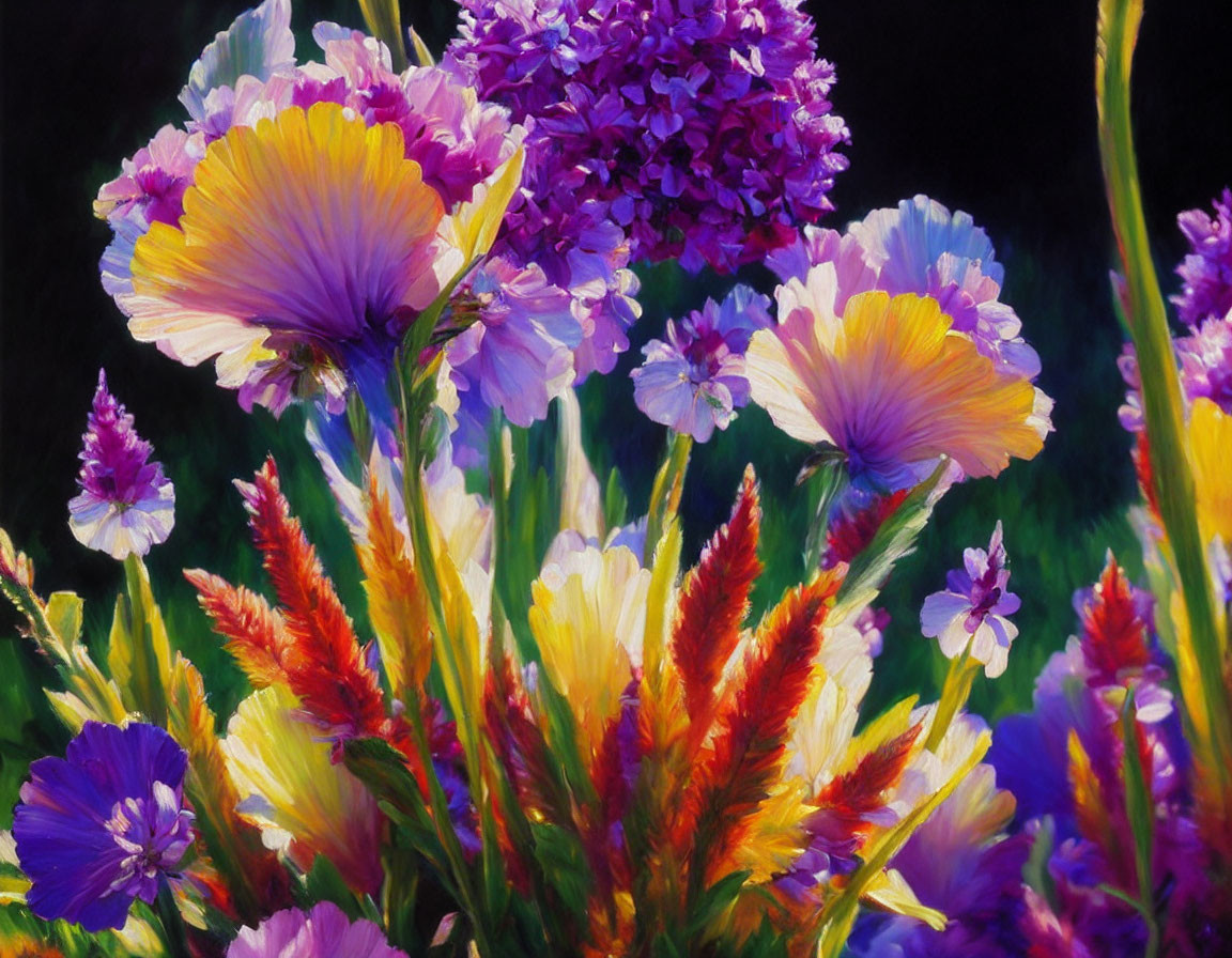 Colorful Floral Painting with Purples, Yellows, and Greens on Dark Background