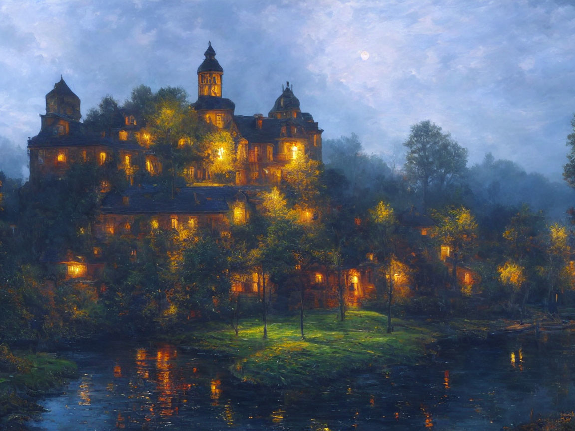 Twilight scene of illuminated mansion by tranquil river