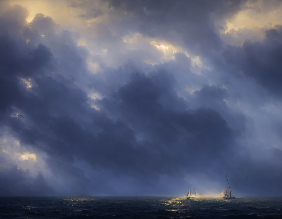 Sailboats under stormy sky with sunlight rays on choppy sea