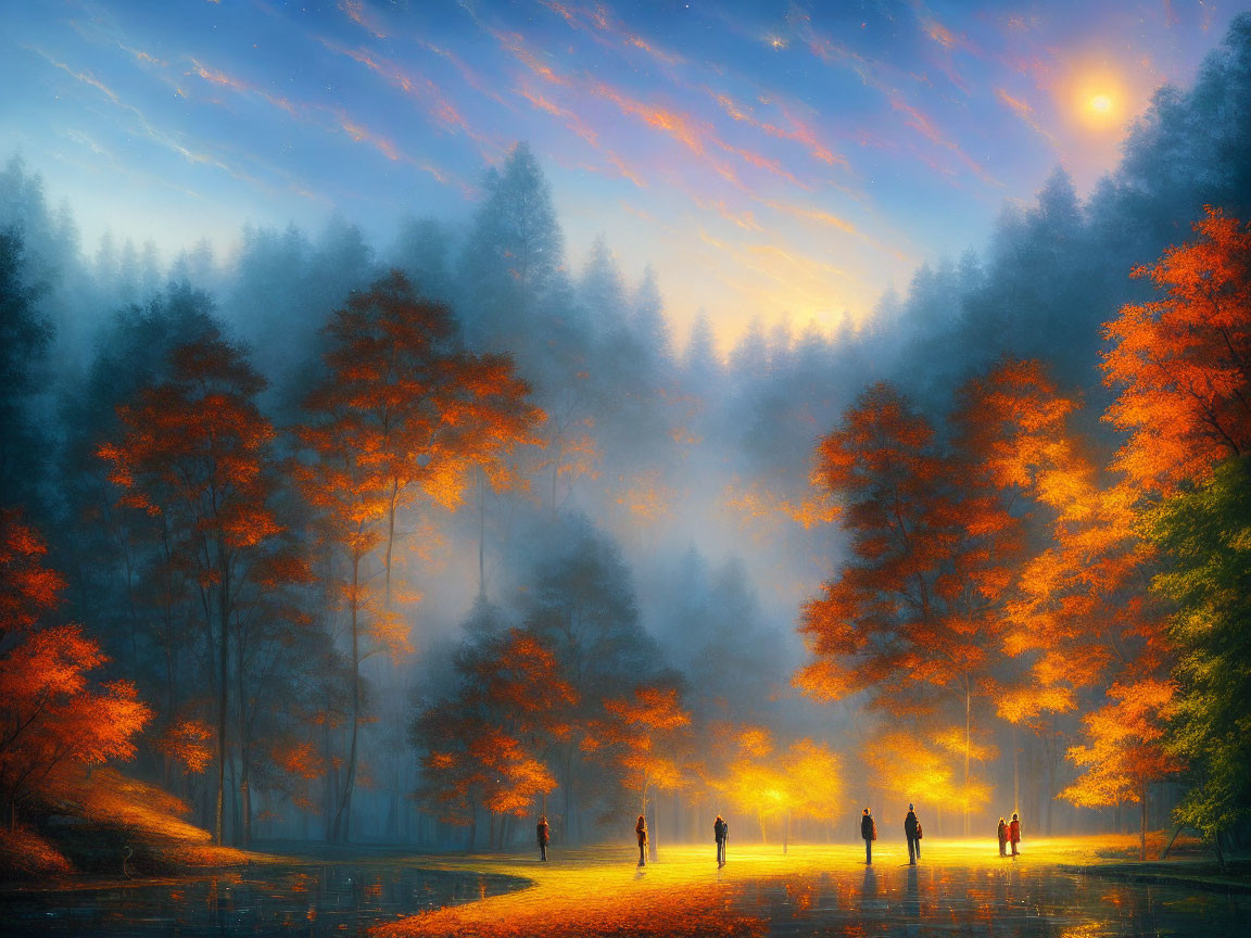 Tranquil autumn lake with people walking amidst misty atmosphere