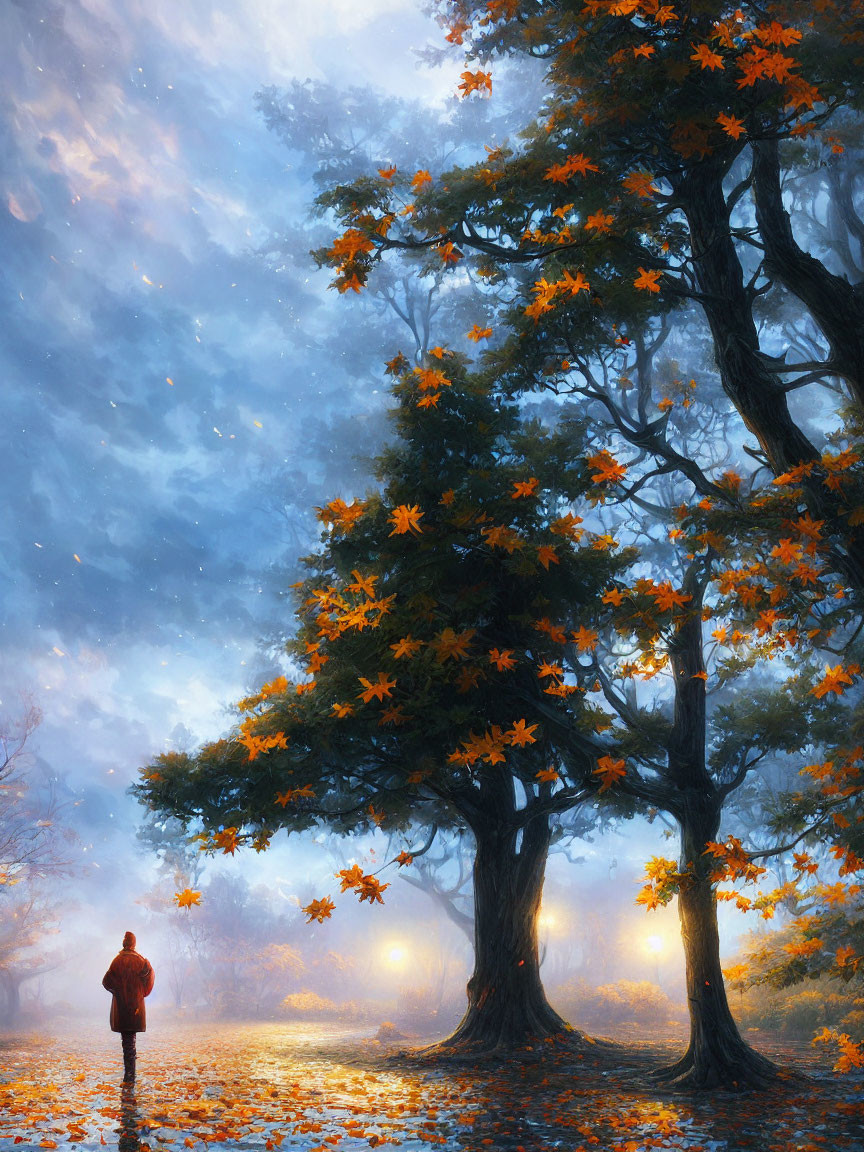 Person in Red Jacket Surrounded by Glowing Orange Trees in Misty Blue Forest