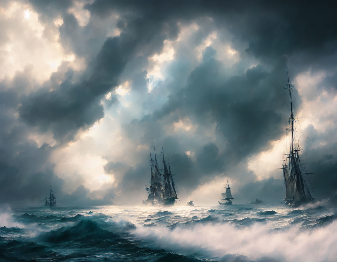 Dramatic stormy seas with sailing ships and towering waves