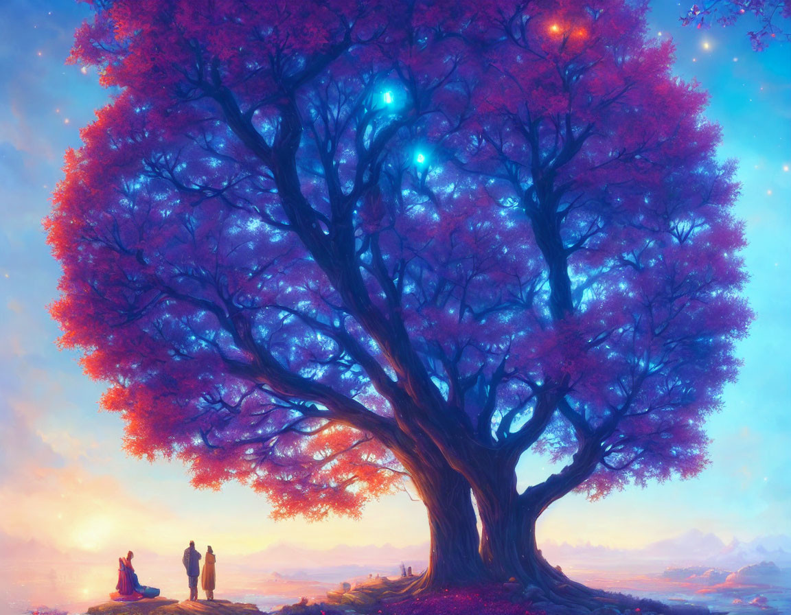 Majestic red tree with blue orbs and figures under dreamy sky