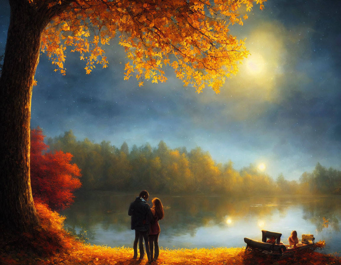 Couple under golden autumn tree by tranquil lake at dusk