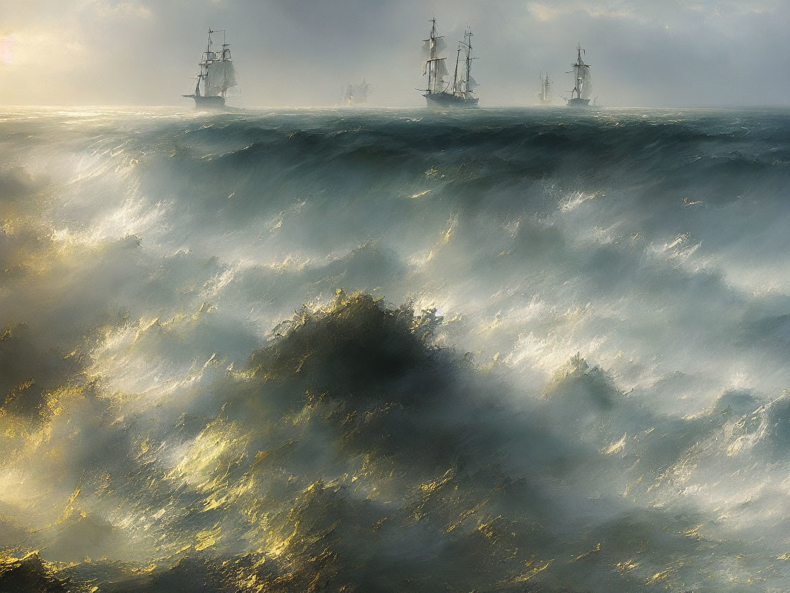 Tall ships sailing through stormy seas under golden skies