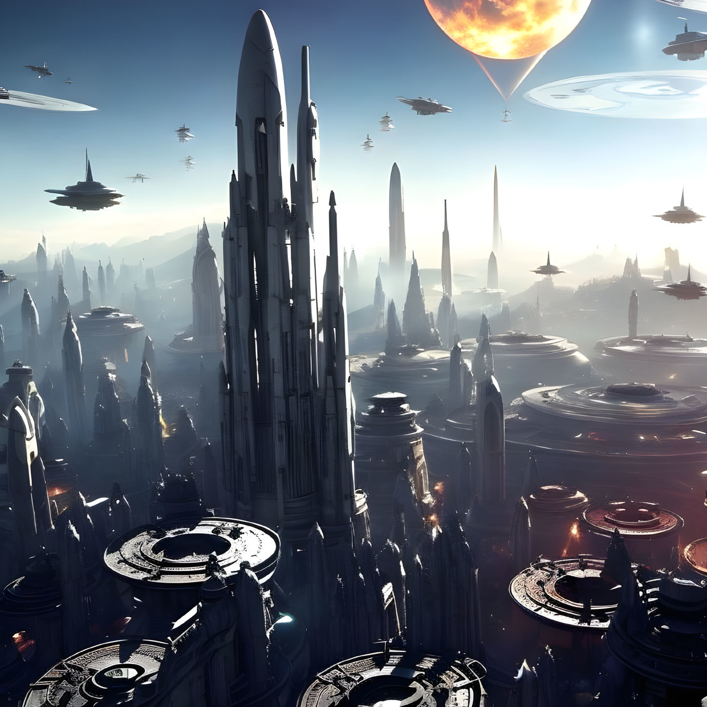 Futuristic cityscape with skyscrapers, flying vehicles, and large planet in sky