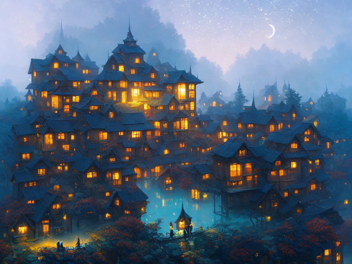 Traditional-style village artwork in mystical foggy landscape.