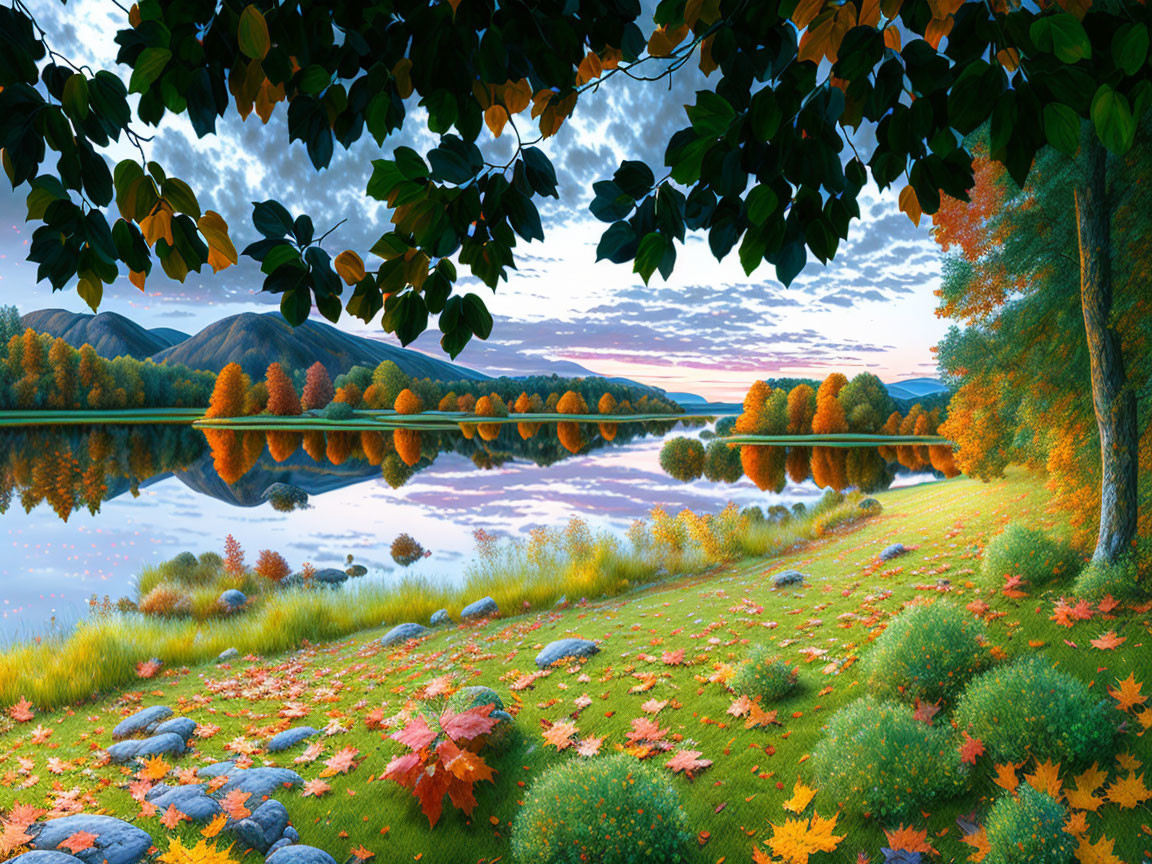 Tranquil autumn scene: lake mirroring colorful trees, hills, and sunset sky.