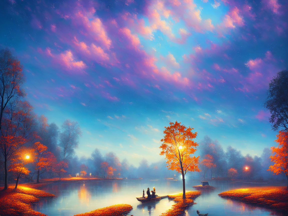 Autumnal landscape with couple boating on serene lake at dusk