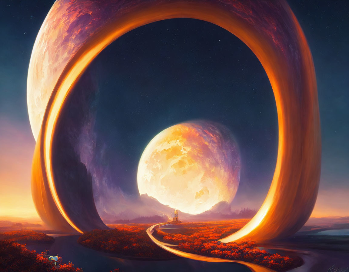 Surreal landscape with giant ring structure and celestial body in background