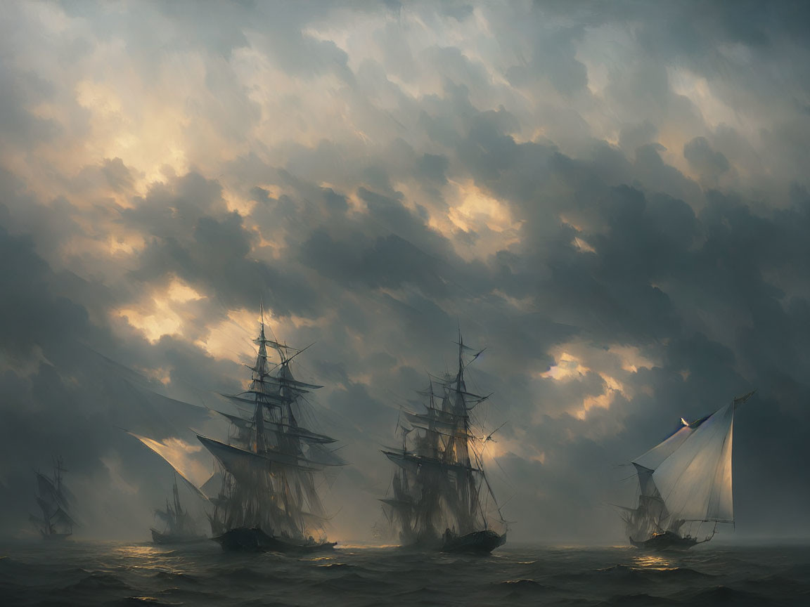 Sailing ships on misty sea under dramatic sky