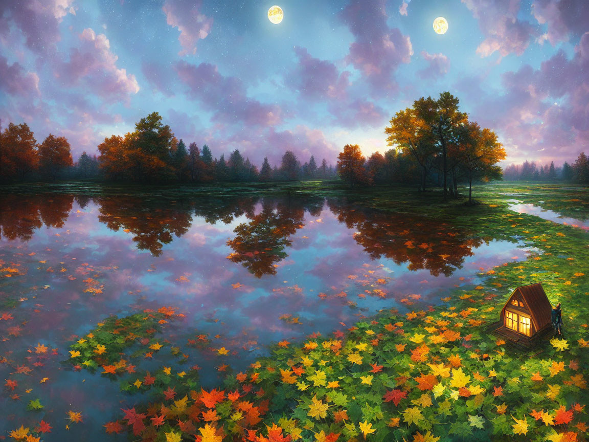 Twilight landscape with two moons, reflective lake, cozy cottage, and autumn trees