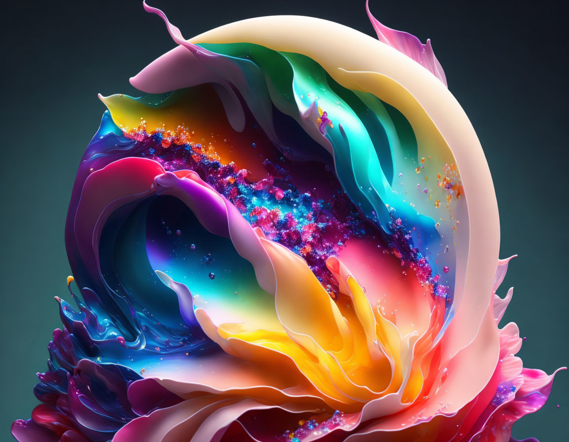 Colorful iridescent swirls on dark background: floral-inspired design