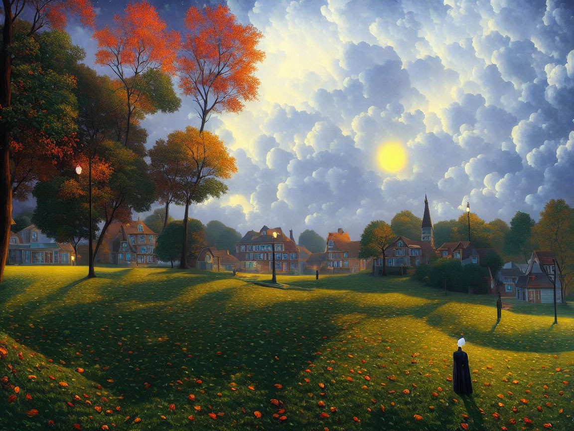 Surreal landscape with vibrant sky and person overlooking autumnal village