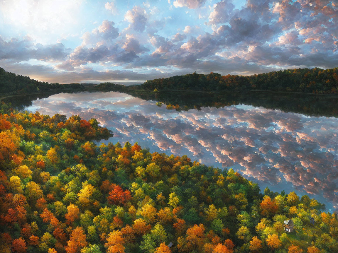 Tranquil river landscape with autumn forest and lone house