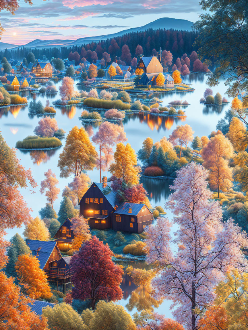 Colorful Autumn Lakeside Village at Sunset