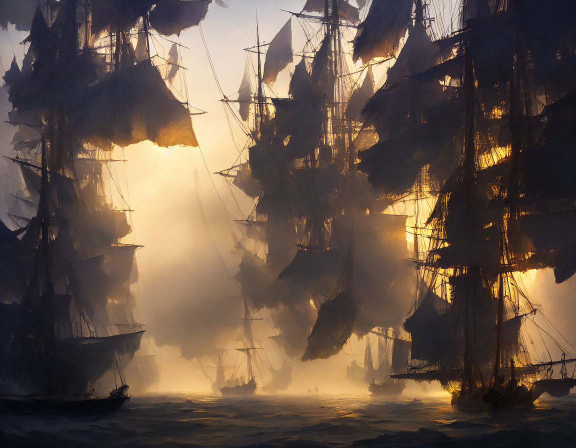 Tall ships in golden mist at sunrise with silhouetted masts and sails