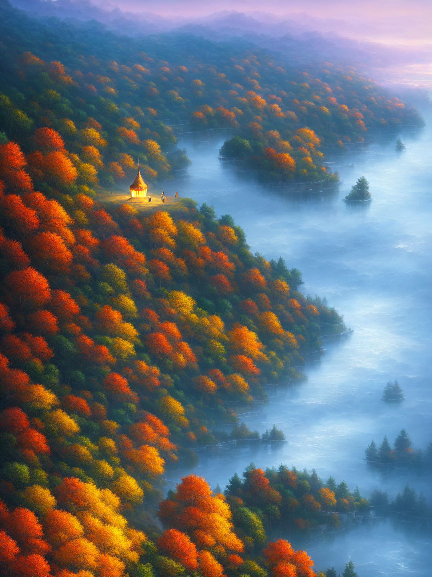 Misty autumn forest with orange hues and a church under purple sky