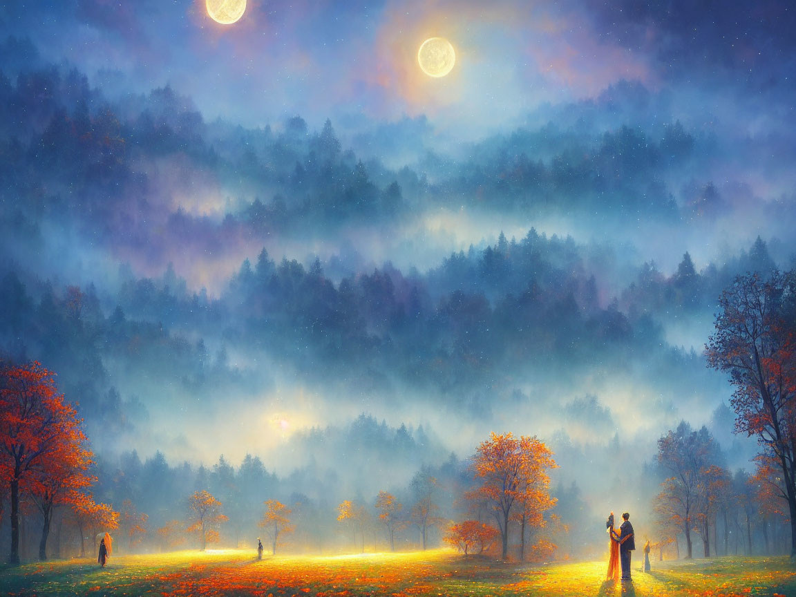 Fantasy landscape with couple, dual moons, misty forests, and glowing autumn trees