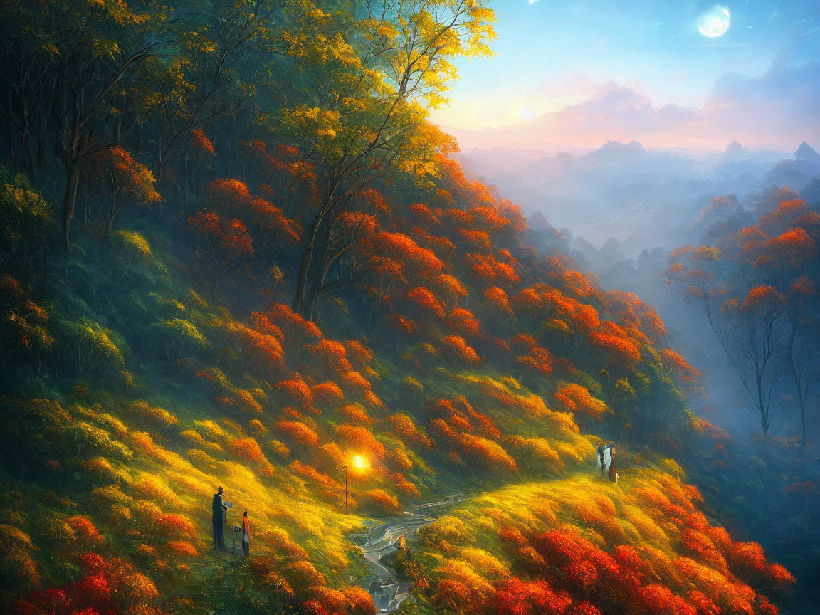 Scenic forest landscape with figures in warm sunlight