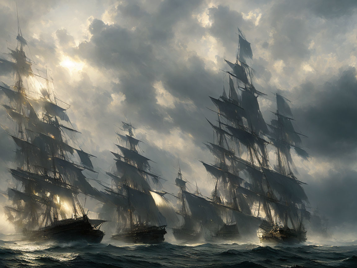 Tall ships with billowing sails in dramatic seascape.