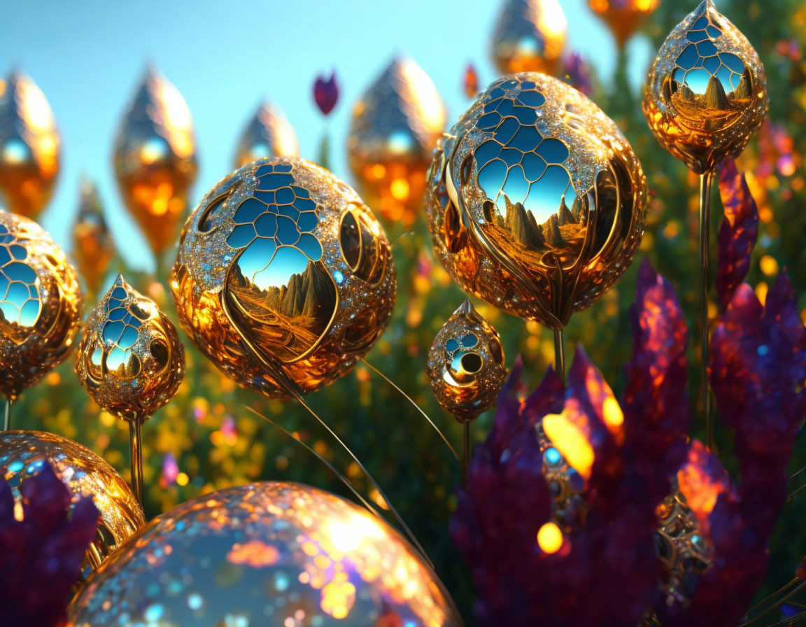 Intricate golden spheres amidst vibrant plants in dreamlike setting