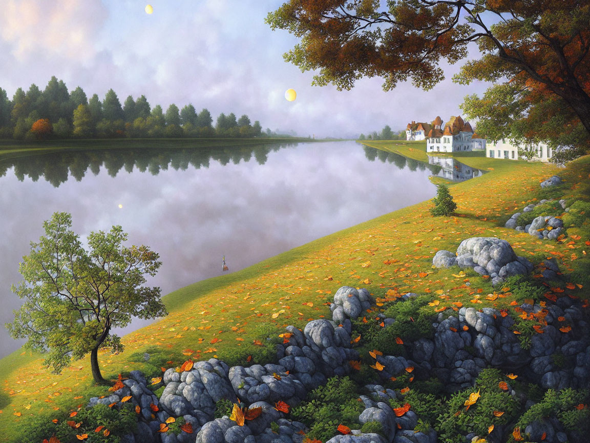 Tranquil landscape with misty lake, white house, trees, orange leaves, and gray rocks