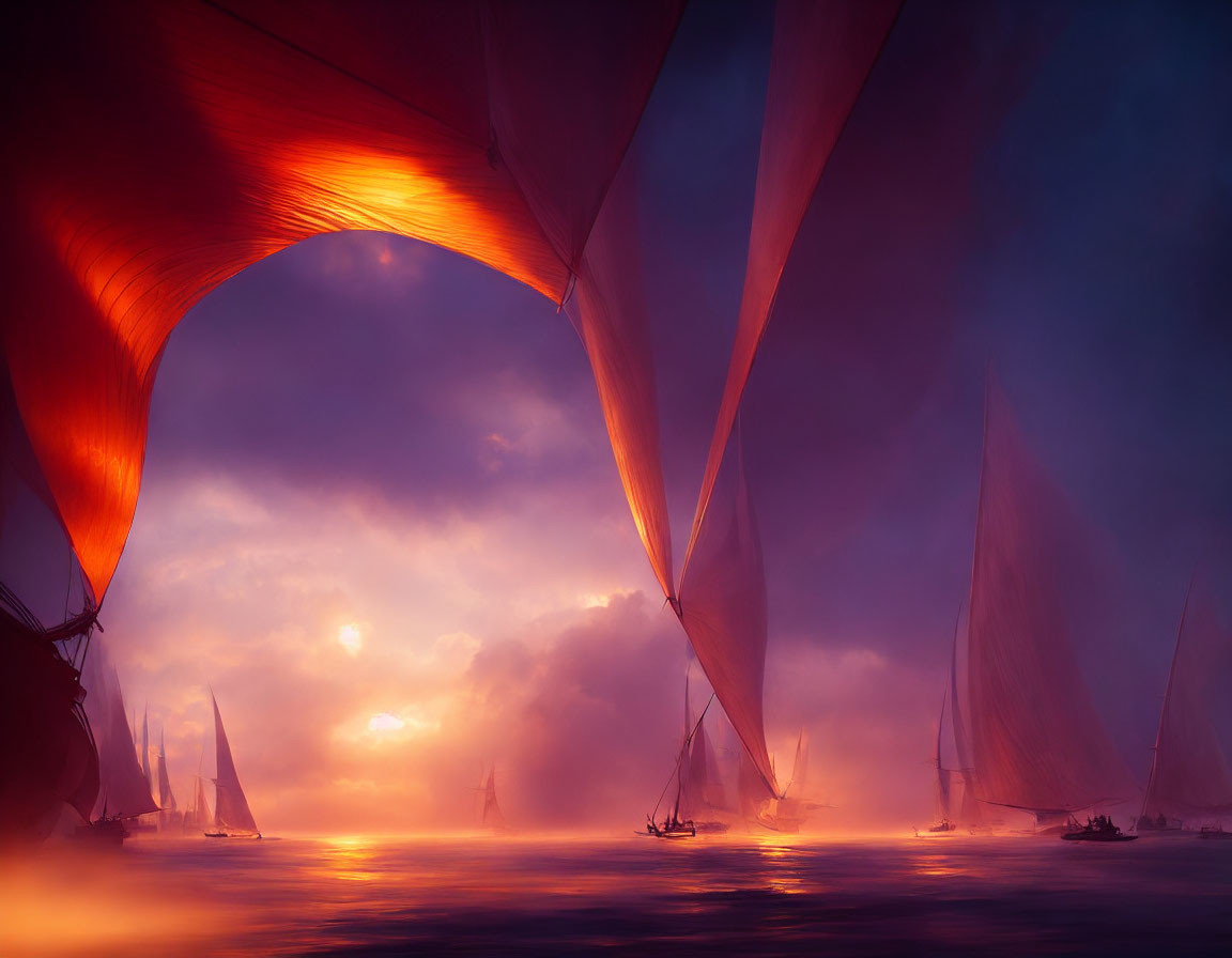 Sailboats at sunset with large reddish sail, misty seascape