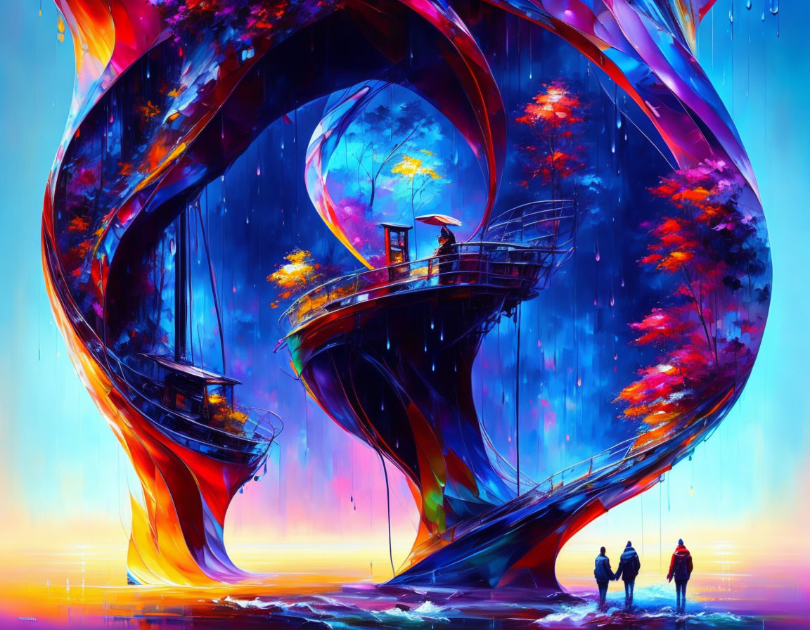 Colorful digital art: People on spiral structure in surreal landscape