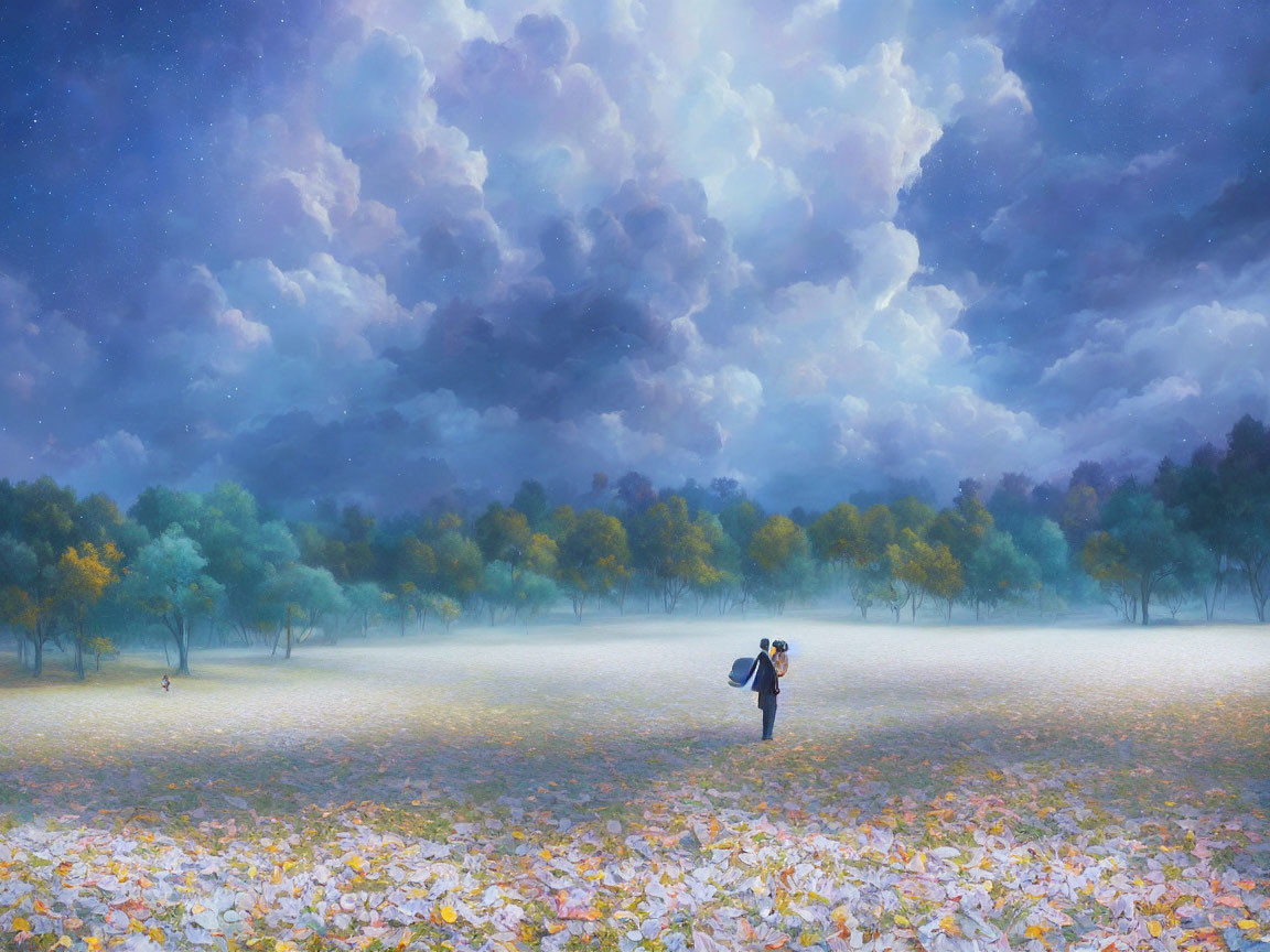 Romantic couple walking in misty park under twilight sky