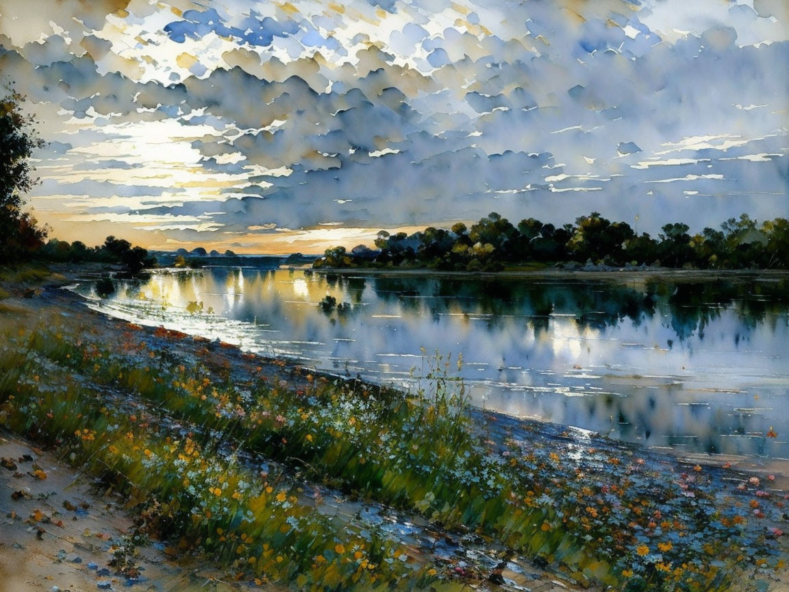 Tranquil river sunset watercolor painting with wildflowers