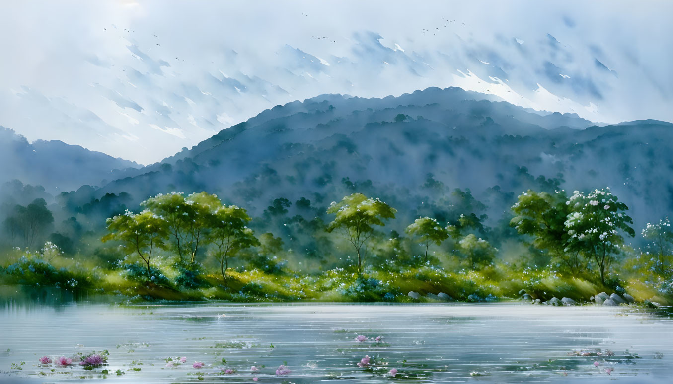 Tranquil landscape: misty mountains, serene lake, blooming trees