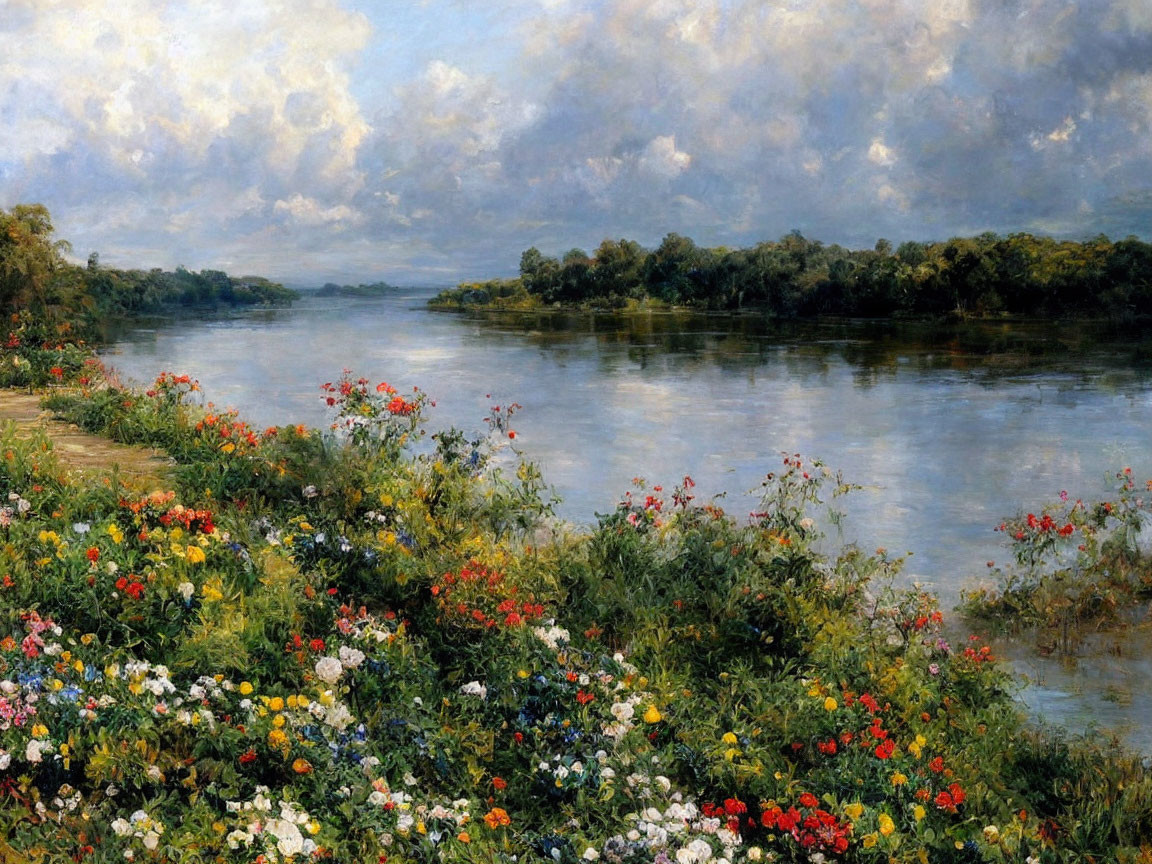 Tranquil river landscape with vibrant wildflowers