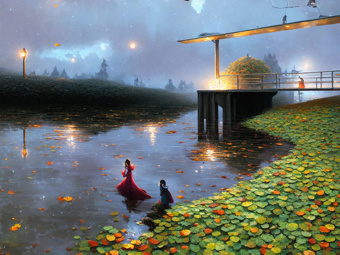 Night scene with person in red dress and child on water lily lake with lit walkway and star