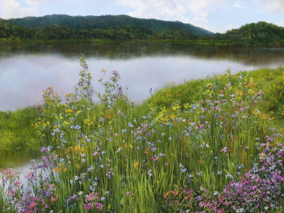 Misty Lake Landscape with Blooming Wildflowers