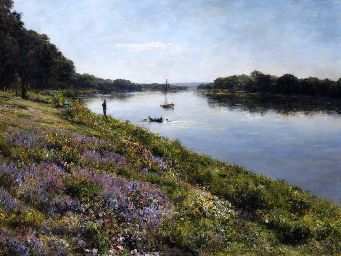 Tranquil river landscape with sailboat, rowboat, wildflowers, trees, and peaceful sky