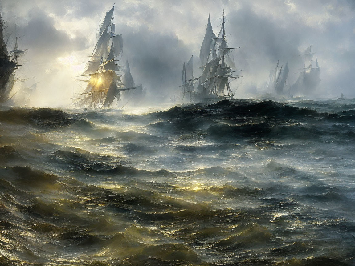 Tall ships in stormy sea with one ship on fire