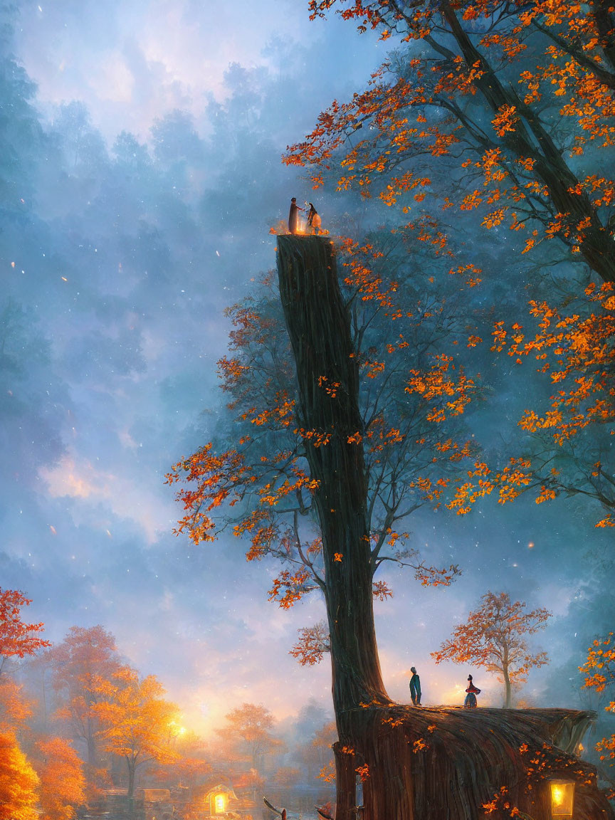 Mystical forest scene with towering autumn tree and small houses at twilight