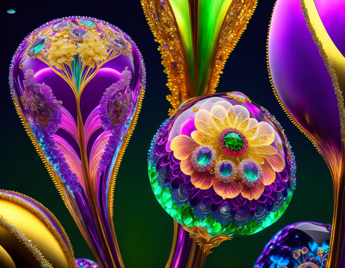 Colorful Digital Art: Intricate Floral Patterns in Glassy Orbs on Dark Background