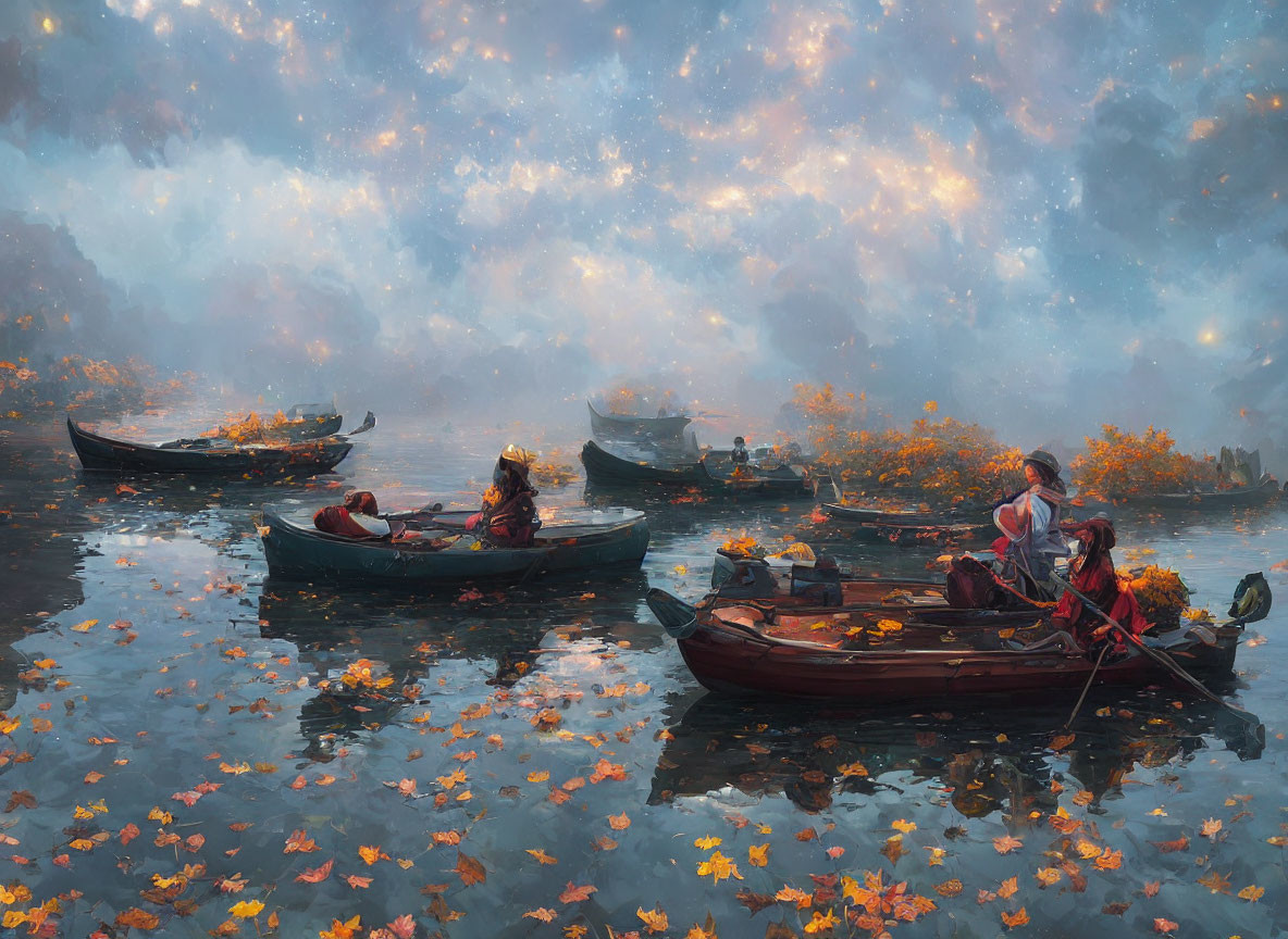 Boats on serene autumn river under starlit sky