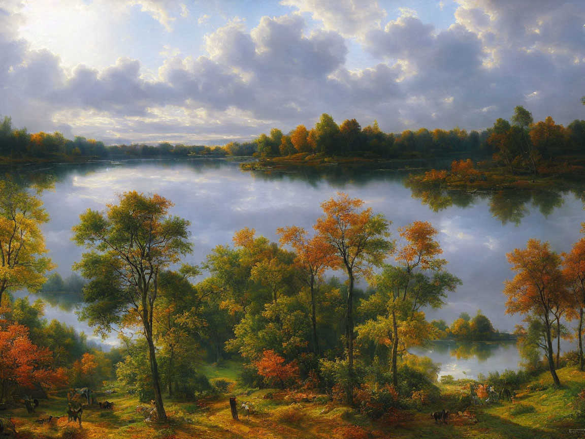 Tranquil autumn river landscape with colorful foliage and fluffy clouds