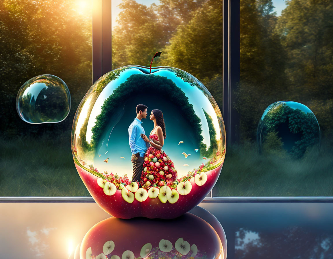 Surreal sunset scene with couple inside giant apple and nature reflections