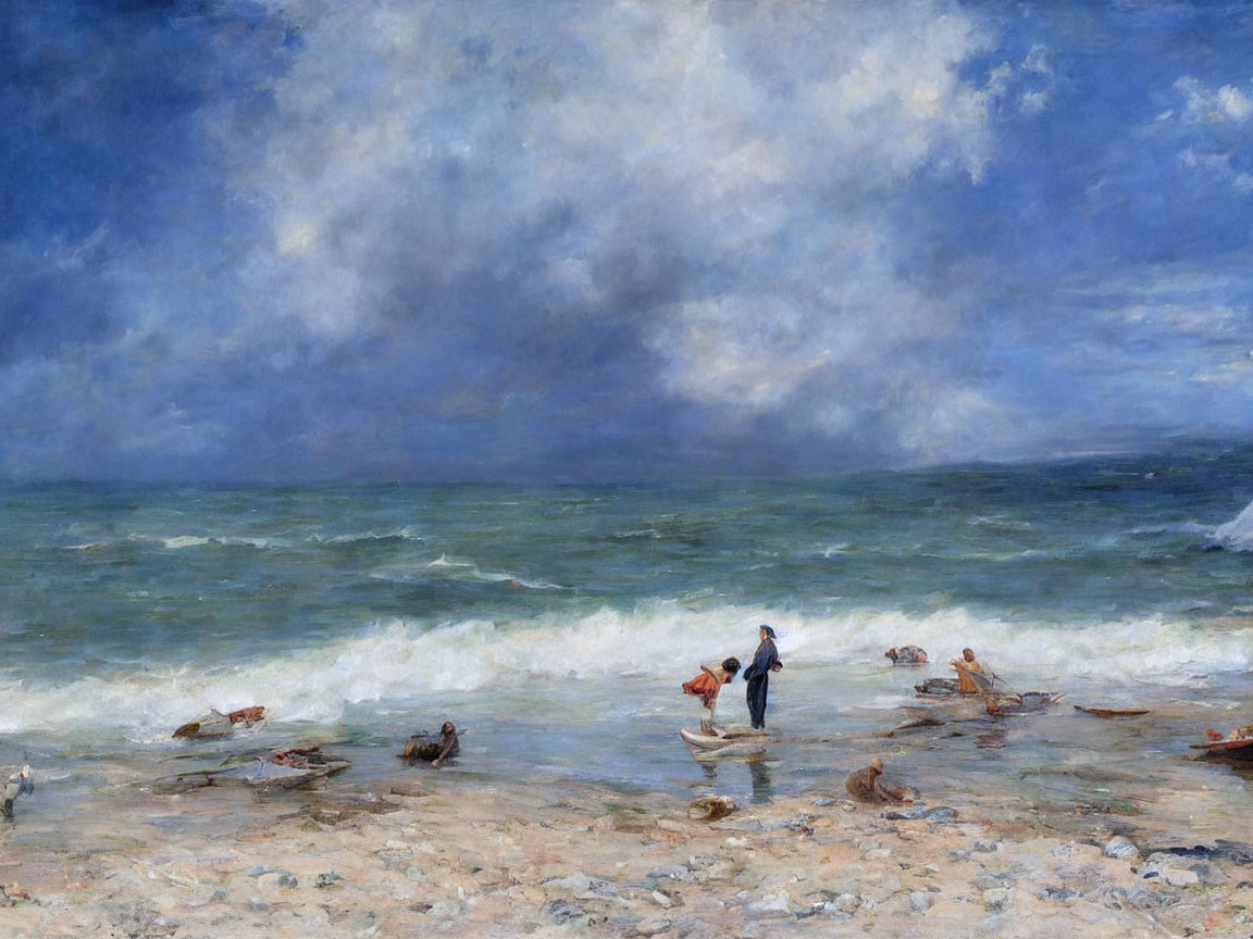 Figure on beach with seagulls under cloudy sky, waves breaking, driftwood scattered.