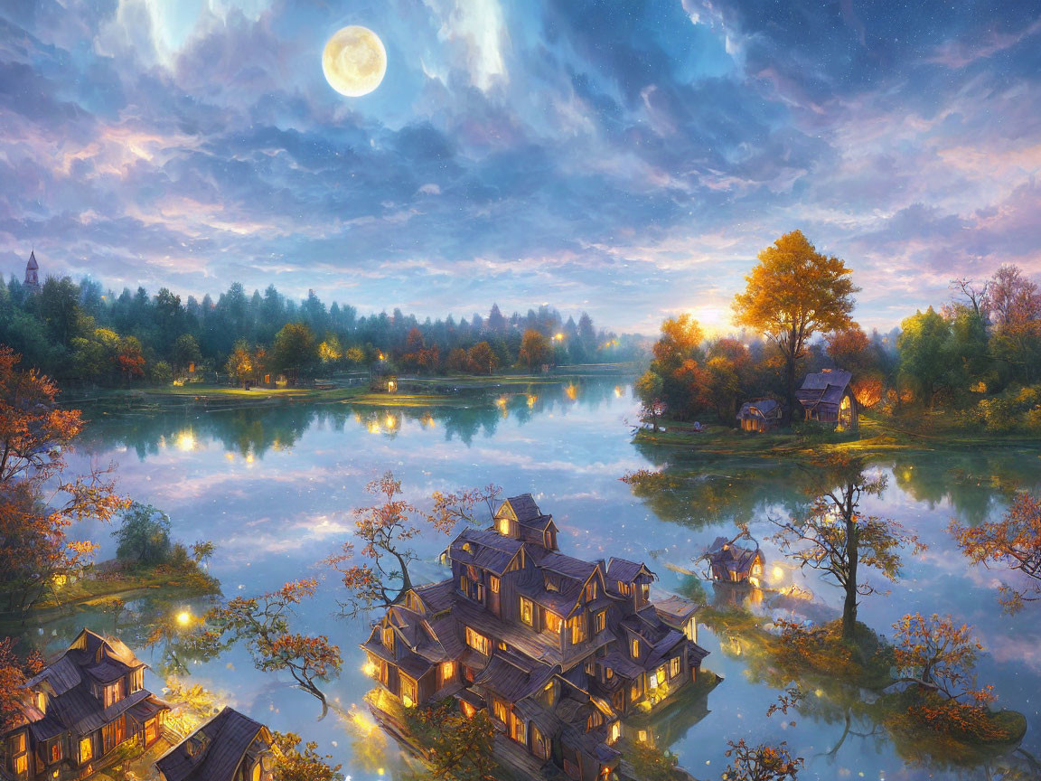 Moonlit Lakeside Village with Illuminated Houses and Autumn Trees