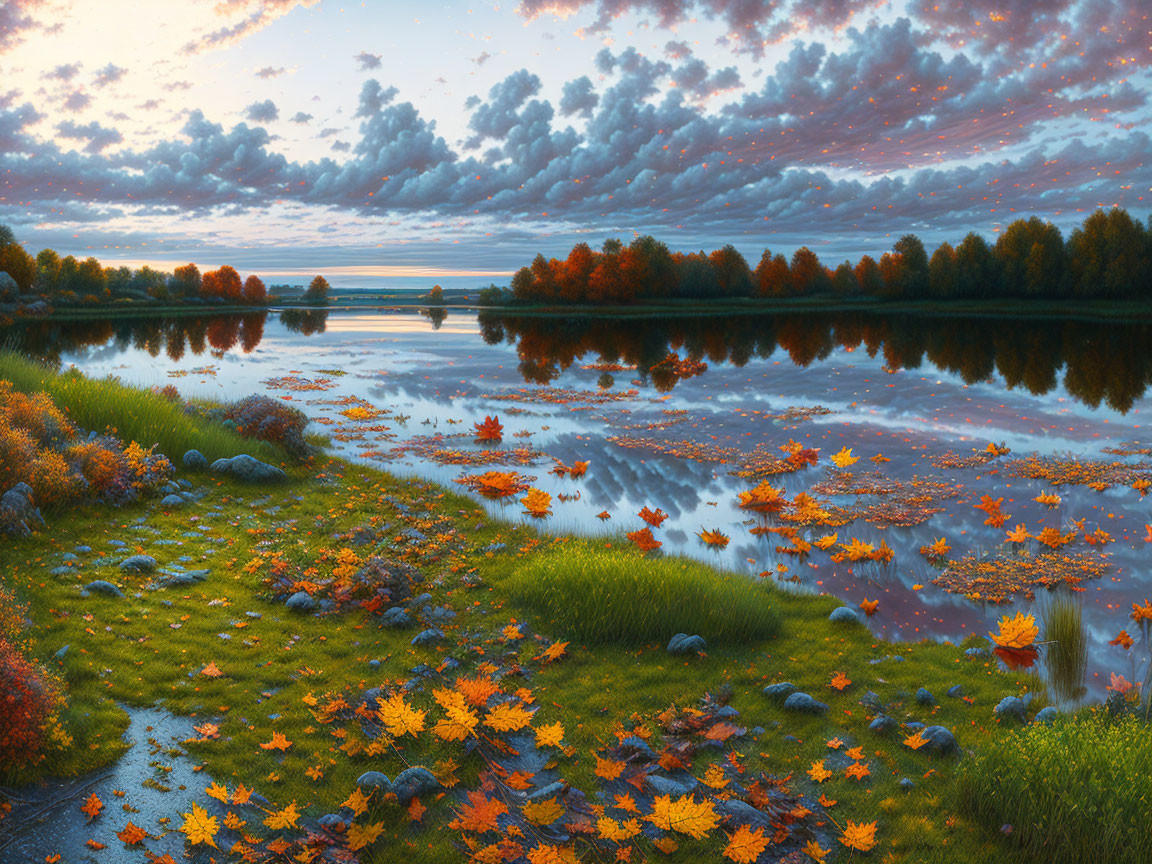 Autumn river landscape with golden leaves and dramatic sunset sky