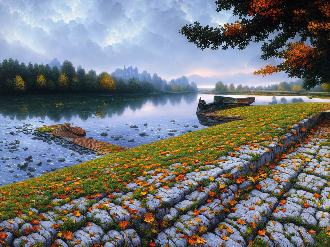 Autumn riverside with boats, cobblestone path, leaves, castle in foggy setting