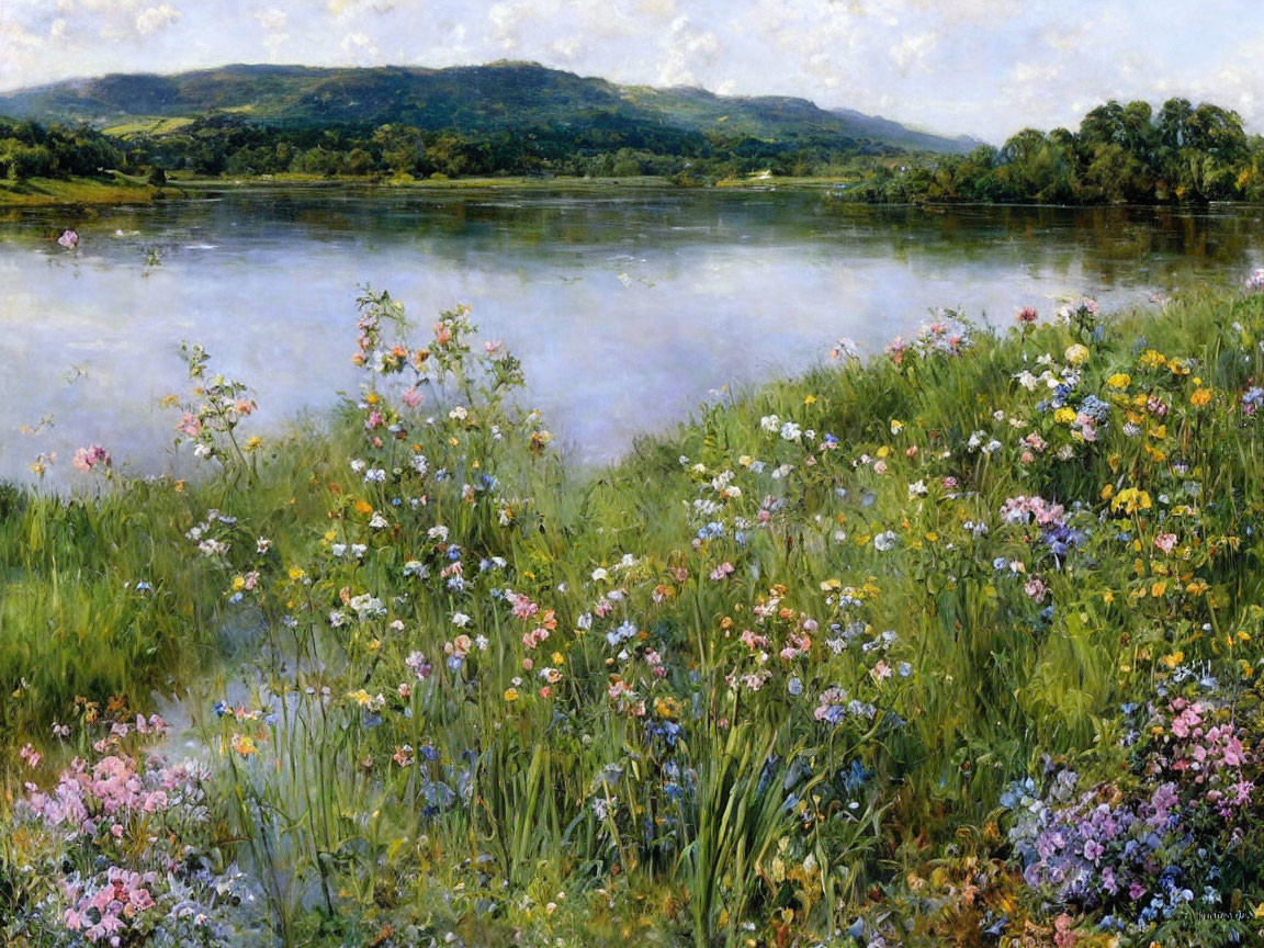 Tranquil landscape: lush riverbank, verdant hills, reflective water