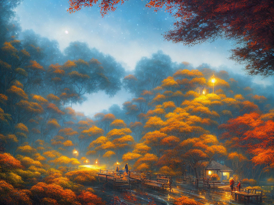 Autumn night landscape with orange foliage, mist, moonlit sky, lanterns, people, and