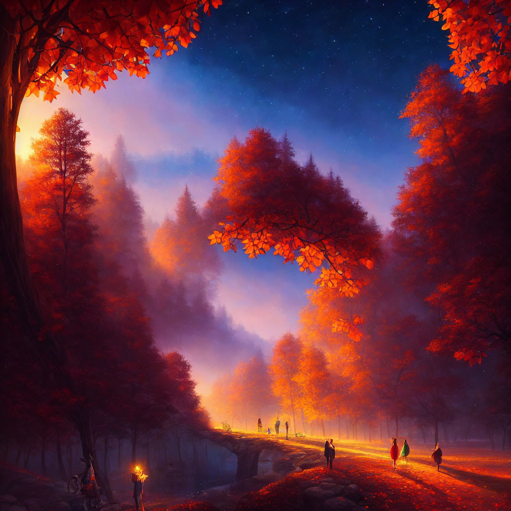 Enchanting autumn forest with red leaves, starlit sky, and small bridge